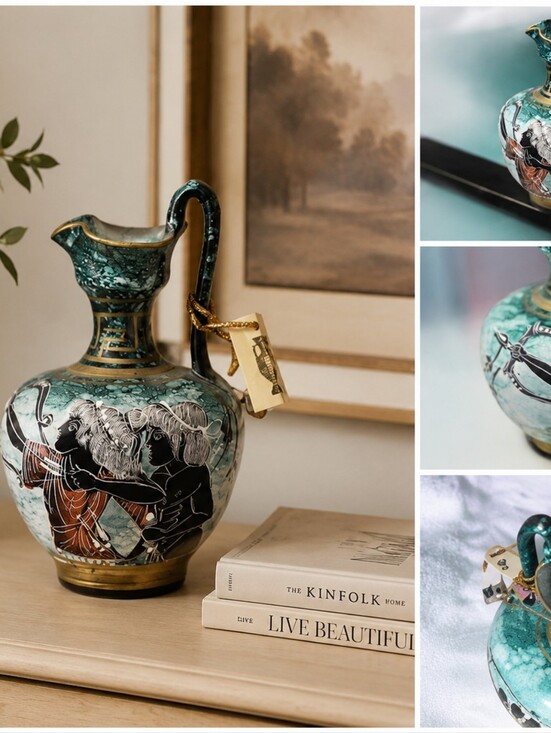 Other - Ancient Greek Art Ceramic vase hand painted and decorated - Teal Vintage